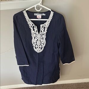 Gretchen Scott Designs Navy Blouse with White Embroidery